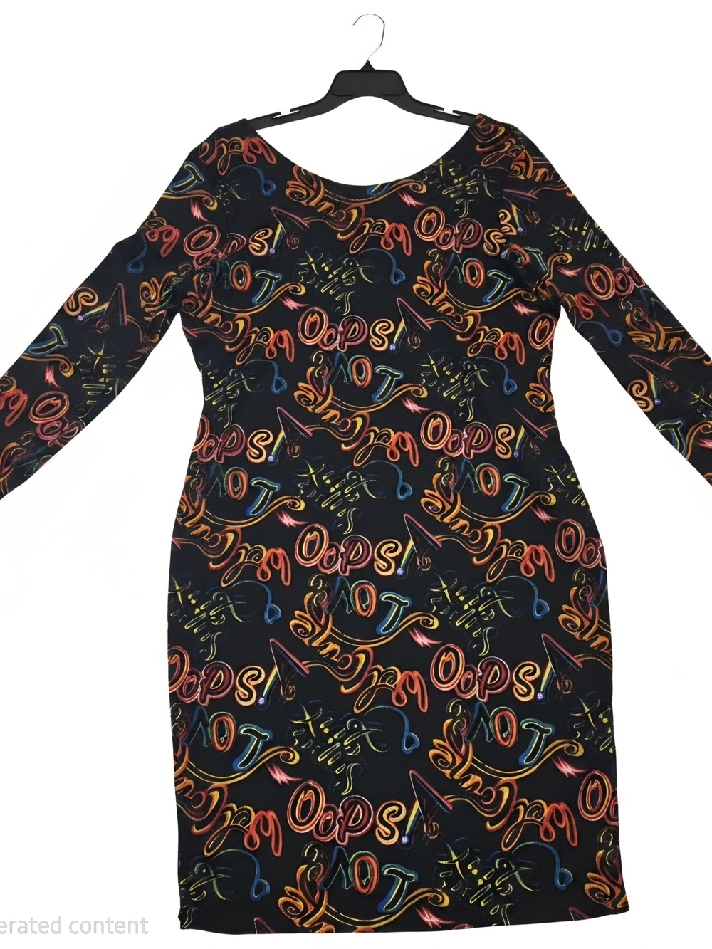 Long Sleeve Bodycon Dress with Neon Script Print and Skater Back- Black Size 3X